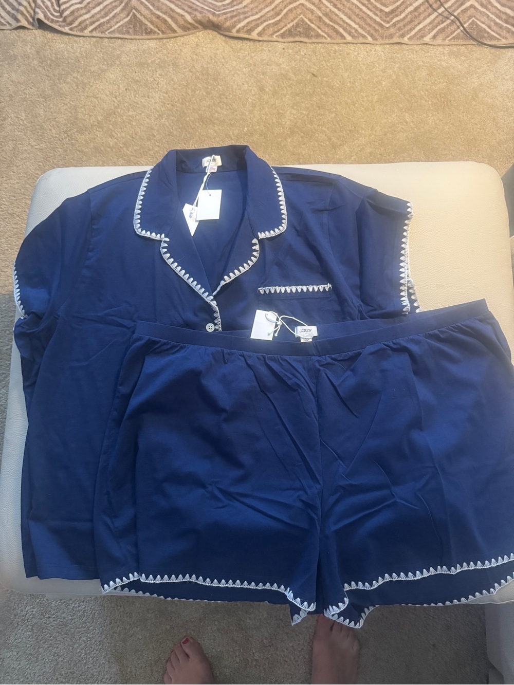 J. Crew Navy Pajama Set with White Scallop Trim